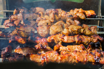 pork skewers barbecued in brown golden color on a metal mangel and the background of green grass, side view