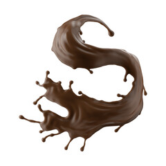 3d render, chocolate splash, cacao drink or coffee, splashing cooking ingredient. Brown beverage. Abstract wavy liquid clip art isolated on transparent background