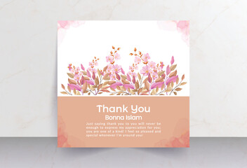 Deep pink flower bouquet with smokey watercolor effect and solid background thank you card