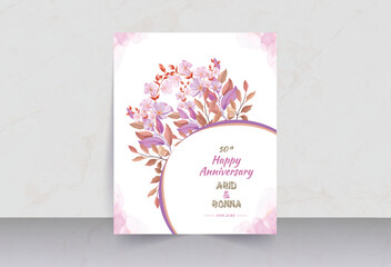 Pink cosmos and deep green leaves anniversary card with corner round frame