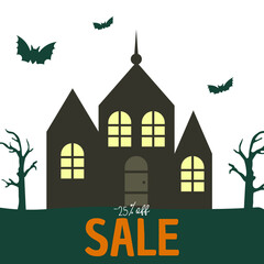 SALE Card with castle, and bats, and ugly trees