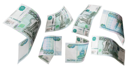 1000 Rubles flying on white background. Russian banknotes at different angles.