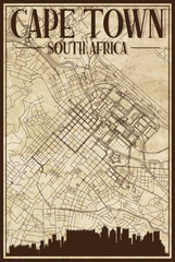 Brown vintage hand-drawn printout streets network map of the downtown CAPE TOWN, SOUTH AFRICA with brown 3D city skyline and lettering