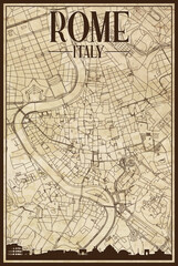 Brown vintage hand-drawn printout streets network map of the downtown ROME, ITALY with brown 3D city skyline and lettering