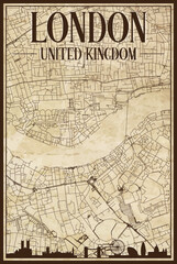 Brown vintage hand-drawn printout streets network map of the downtown LONDON, UNITED KINGDOM with brown 3D city skyline and lettering