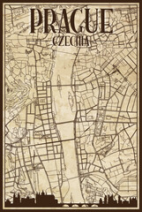 Brown vintage hand-drawn printout streets network map of the downtown PRAGUE, CZECH REPUBLIC with brown 3D city skyline and lettering