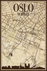 Brown vintage hand-drawn printout streets network map of the downtown OSLO, NORWAY with brown 3D city skyline and lettering