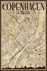 Brown vintage hand-drawn printout streets network map of the downtown COPENHAGEN, DENMARK with brown 3D city skyline and lettering