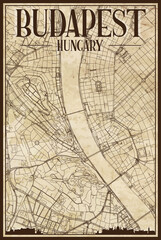 Brown vintage hand-drawn printout streets network map of the downtown BUDAPEST, HUNGARY with brown 3D city skyline and lettering