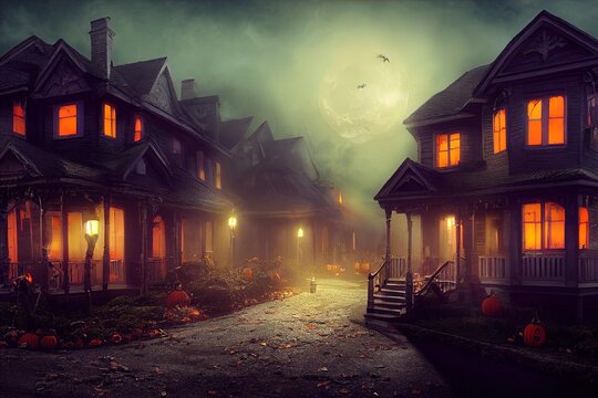 An Eerie Looking Picture Shows A Town By Night, A Small Dark Street In A Residential Neighborhood At Night.