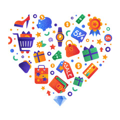 Sale and Shopping Heart Shape Arrangement with Flat and Colorful Icon Vector Template
