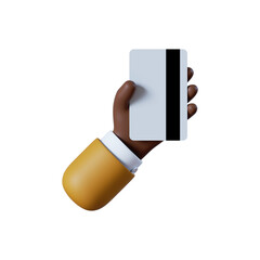 3d illustration. Payment icon. African American cartoon character hand holds credit card. Business clip art isolated on white background.