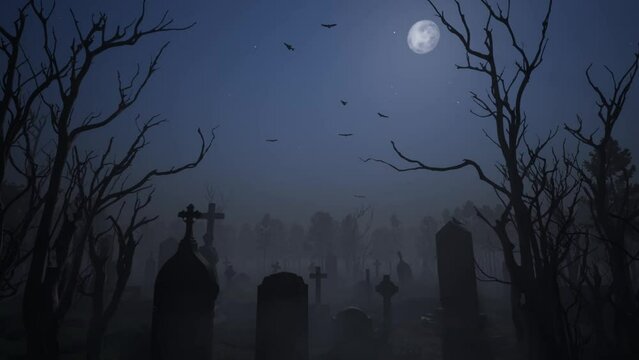 3d illustration. Birds are circling over an old abandoned cemetery under a full moon. Halloween