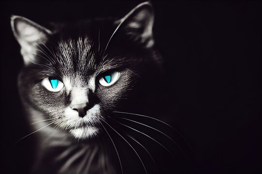 Black And White Cat On A Black Background