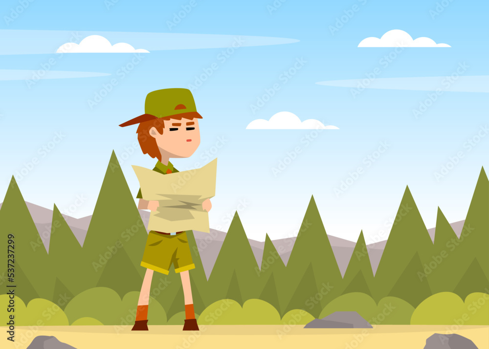 Poster Boy Scout Cartoon Character in Khaki Costume Examining Map Vector Illustration