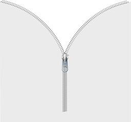 Zipper. Steel zipper in closed and open positions. Accessory for clothes.