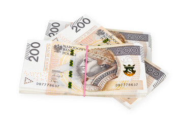 Bundles of polish 200 zloty banknotes. Isolated on white. Clipping path included.