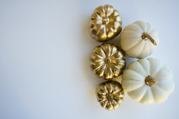 Modern composition in autumn style with white and golden pumpkins on a light background. Halloween, Thanksgiving party concept. Background for blog place for text. Empty space for text
