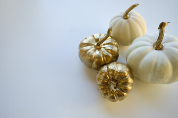 Modern composition in autumn style with white and golden pumpkins on a light background. Halloween, Thanksgiving party concept. Background for blog place for text. Empty space for text
