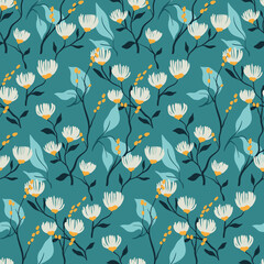 Seamless floral pattern, decorative ditsy print with small plants in an abstract arrangement on a blue background. Cute botanical design with hand drawn flowers, branches, leaves. Vector illustration.