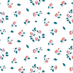 Seamless floral pattern, cute ditsy print with small flowers in an abstract arrangement on a white background. Pretty botanical design with tiny hand drawn flowers, leaves on thin twigs. Vector.