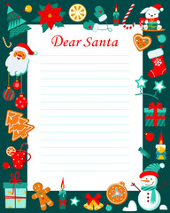 Letter to Santa Claus  template with Christmas characters. Christmas wish list. Dear Santa printable template for kids. Vector illustration