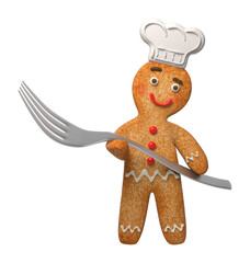 Cartoon gingerbread character holding a fork, 3d illustration