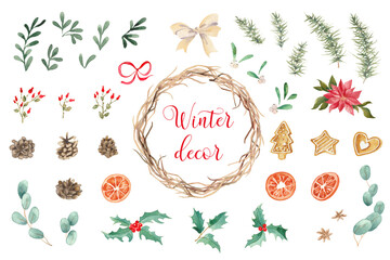 Fototapeta premium Christmas elements collection for any winter holidays decor. Hand-drawn watercolor illustrations, isolated on transperent background