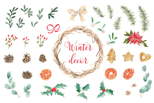 Christmas elements collection for any winter holidays decor. Hand-drawn watercolor illustrations, isolated on transperent background