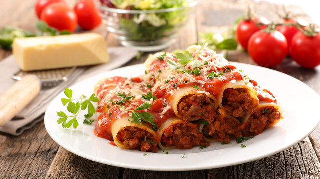 canneloni with beef and tomato sauce