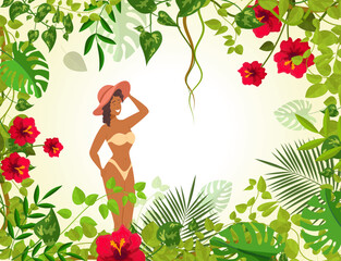 Beautiful woman standing on tropical background, copy space. Young woman fashion model in swimsuit and straw hat posing against blooming flowers and tropical plants. Tourism, summer vacation vector