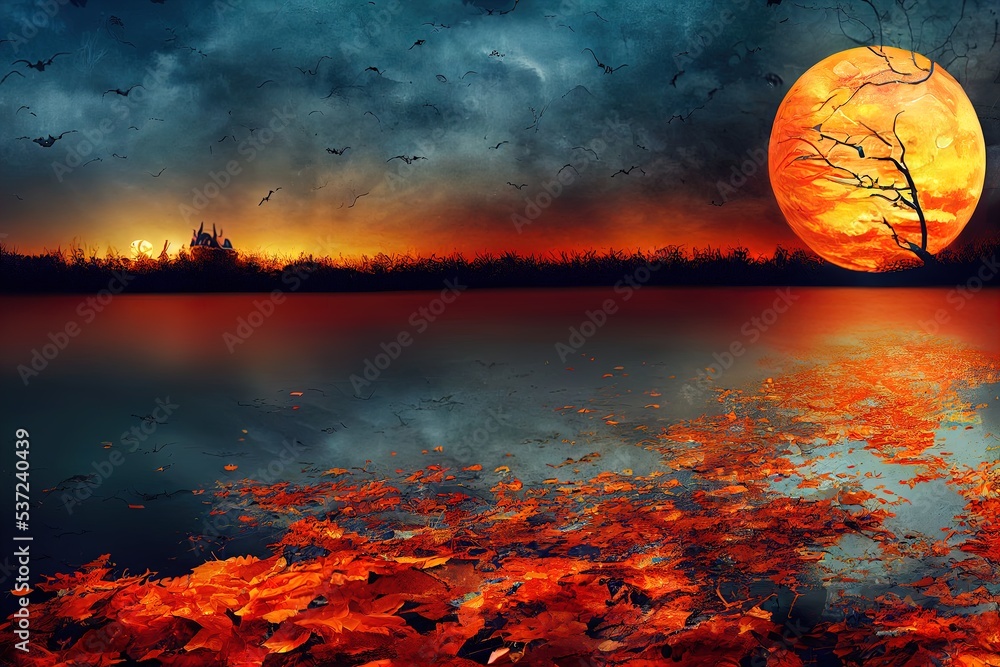 Poster autumn background of free space and background with big moon on sky. mood photo. generative ai