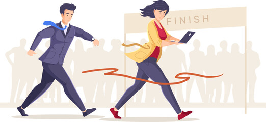 Business team rushing to finish line, business competition concept. Successful leader man and woman with laptop crossing finish line with red ribbon. Business people achieving goals