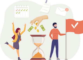 Fototapeta premium Business people, office workers earning money for completed tasks. Hourglass into which money falling. Successful people achieving goals. Time management and deadline concept cartoon vector