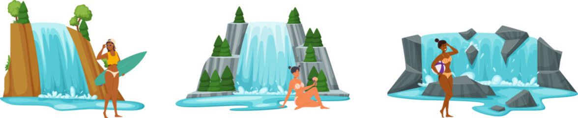 Beautiful young women in swimsuits standing at waterfalls set. Slim girls fashion models relaxing on nature. Attractive girls posing for photo at water flow falling down mountain cartoon vector