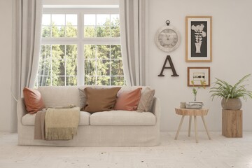 White living room with sofa and summer landscape in window. Scandinavian interior design. 3D illustration