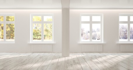 Empty room in white color with autumn and winter  landscape in window. Nature interior concept. 3D illustration