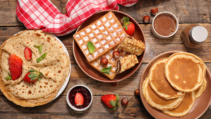 assorted of crepes,  waffles and pancakes