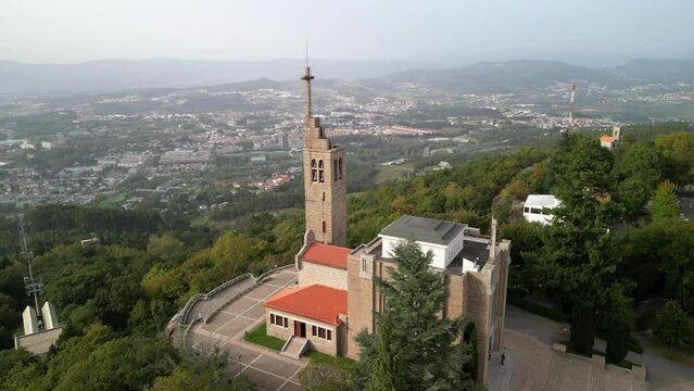 Penha Sanctuary seen from above. Drone footage of Penha Sanctuary in Guimar&atilde;es, Portugal