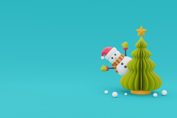 Christmas tree with cartoon character snowman. Merry Christmas and Happy New Year. 3d rendering.