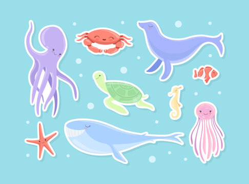 Cute Sea Animal and Underwater Mammal Floating in the Ocean Stickers Vector Set