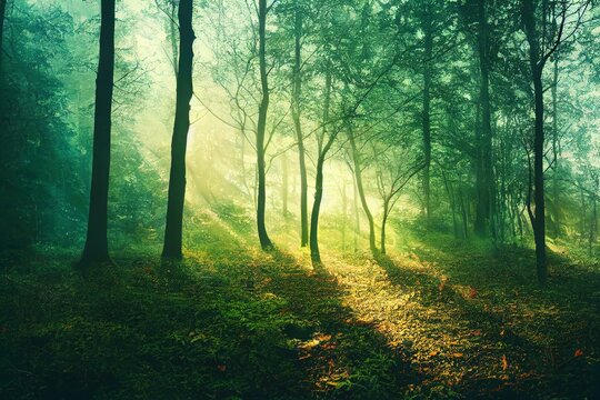 A backlit picture of a pine forest in beautiful early morning light. Green moss on the ground. Picture from Eslov, Sweden Generative AI