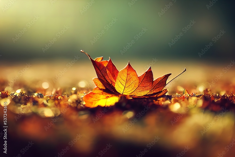 Poster autumn. multicolored maple leaves lie on the grass. generative ai generative ai