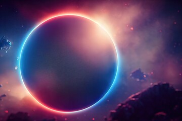 beautiful surface of an alien planet on the background of stars and galaxies in bright colors, space fantasy, space background, earth-like planet, exoplanet 3d render Generative AI - obrazy, fototapety, plakaty