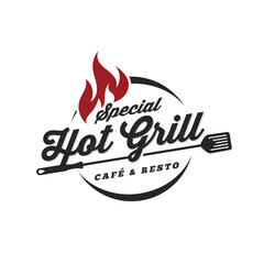 Vintage hot grilled barbecue logo, retro BBQ vector, fire grill food and restaurant icon, Red fire icon