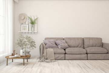 White living room with sofa. Scandinavian interior design. 3D illustration