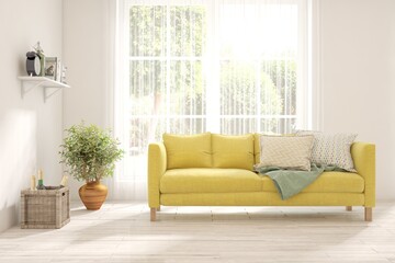White living room with sofa and summer landscape in window. Scandinavian interior design. 3D illustration