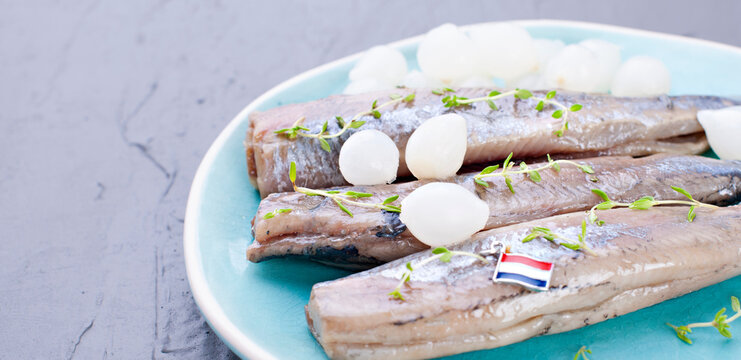 Freshly salted herring with salt, with copy space. Traditional Dutch delicacy
