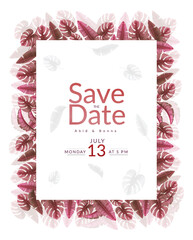 Deep purple set of tropical palm leaves square shaped anniversary gift card