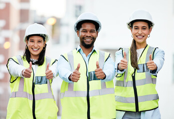 Thumbs up, success and construction employees in collaboration for building goal in city of New Zealand together. Portrait of team of engineer workers with a thank you and agreement in architecture